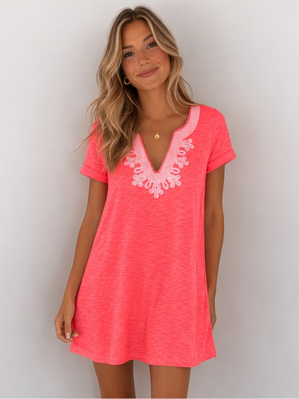 Lilly Pulitzer Maisy Swing Dress Coral Reef Pink Embroidered V Neck Size Small